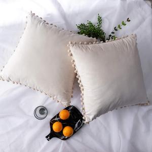 Decorative Throw Pillow Covers with Pom-poms Soft Velvet Solid Cushion Covers 20 X 20 for Sofa Couch Bedroom Car, Pack of 2, Ivory