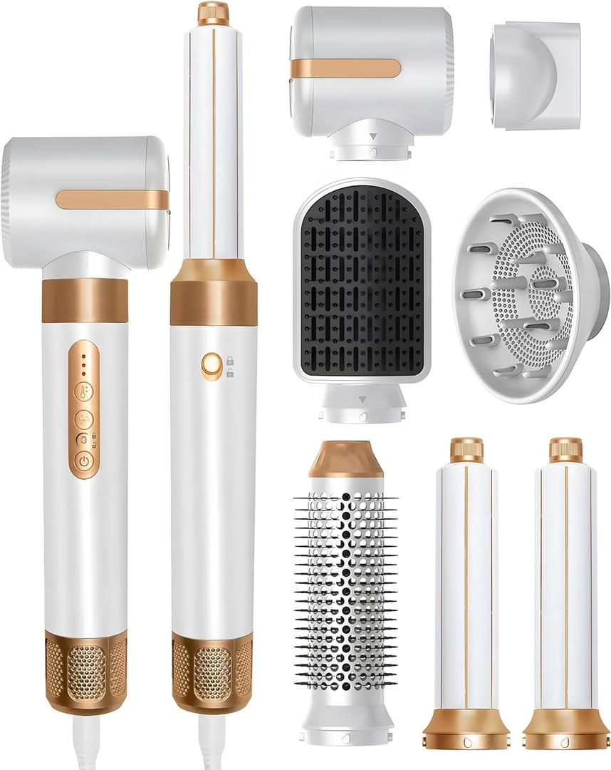 Hair Dryer Styler 7 in 1, High Speed Blow Dryer Wrap Air Styling Tools Set - Hot Air Brush, Diffuser, Nozzles, Hair Straightener Comb, Curling Wand, Hair Volumizer (White)