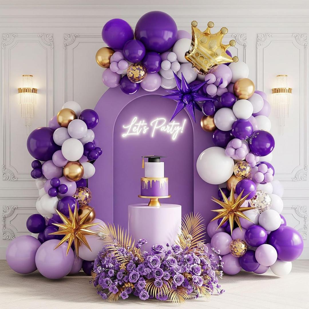 royal Purple gold white Balloon garland kit 126Ppcs luxury double stuffed light lilac White Gold starburst crown foil balloons for Girl 15/16 Birthday anniversary graduation kpop Party Decorations