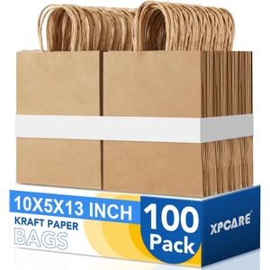 XPCARE Large Brown Paper Bags, 100 Packs 10x5x13 Inch Gift Bags with Handles Bulk Paper Bag with Handles Retail Kraft Paper Bag Brown Gift Bags for Wedding Party Shopping