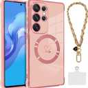 OOK Magnetic Phone Case for Samsung Galaxy S25 Ultra 6.9 Inch [Wireless Charging Compatible] Soft TPU Heart Design Shockproof Protection Electroplated Slim Case with Strap Lanyard - Pink