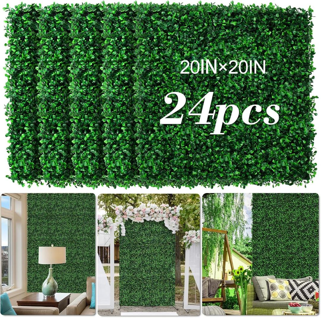 AOKIE 20"X20" Artificial Grass Wall, 24Pcs Boxwood Hedge Wall Panels UV-Anti Grass Backdrop Wall Decor, Greenery Privacy Hedge Screen for Indoor Outdoor Patio Balcony, Party Garden Fence Decor