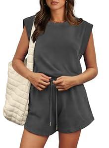 OFEEFAN Rompers for Women 2025 Cap Sleeve Athletic Romper Crewneck Summer Outfits Going Out Date Night Jumpsuits Shortalls Fashion Onesie Dark Grey L