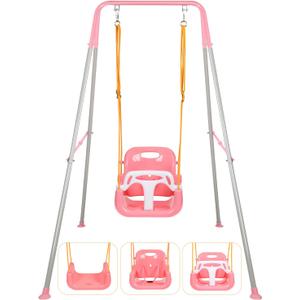 3-in-1 Toddler Swing Set, Indoor & Outdoor Baby Swing Heavy Duty Swing Set with Foldable Metal Stand for Aged 6 Months to 10 Years Old, Easy to Assemble and Store (Pink)