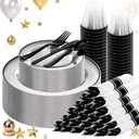 SUT 175 Pcs Black and Clear Plastic Dinnerware Set for 25 Guests, Include: 25 Dinner Plates, 25 Dessert Plates, 25 Pre Rolled Napkins With Silverware, 25 Cups, Disposable Plates for Party