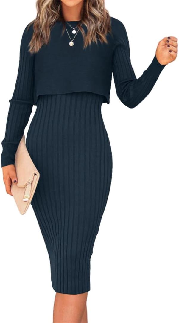 Ezbelle Women's Long Sleeve Sweater Dresses 2 Piece Outfits Sets Ribbed Knit Crop Tops and Tank Bodycon Midi Dress (Large, Navy Blue)