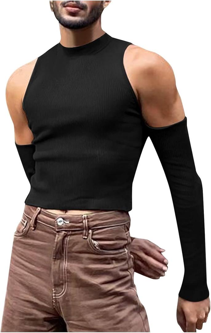 Mens Cold Shoulder Tops,Slim Fit Casual Pullover Skinny Long Sleeve T-Shirt Gay Sexy Crop Tops Mock Neck Tee (Black), Medium 