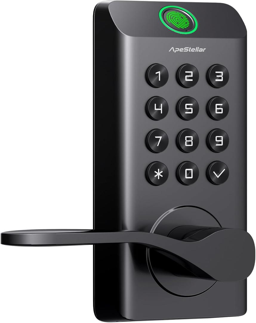 Fingerprint Keyless Entry Door Lock with Handle, Biometric Keypad Door Lock with Handle Lever, Digital Electronic Door Knob Lock for Front Door, High Durability, Voice Prompt for Easy Use, Black