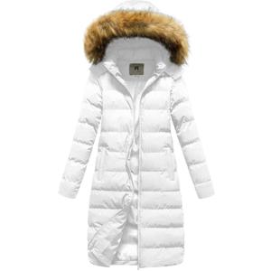 CREATMO US Women's Long Winter Faux Fur Coat Puffer Warm Jacket with Detachable Hood (Large, White)