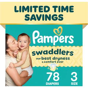 Pampers Swaddlers Diapers, Size 3 (13-26 lbs), 78 Count, Absorbent, Keeps Baby Dry and Comfortable, Skin Safe Disposable Baby Diaper