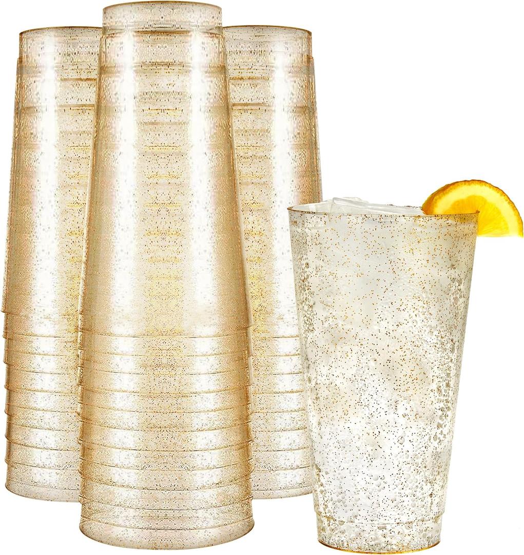 R-kay 16 oz Gold Glitter Plastic Cups For Party - 100 Pack Gold PLastic Cups - Hard Disposable Cups - Premium Heavy Duty Gold Cups - Disposable Cocktail Glasses - Party Cups (16 OZ)