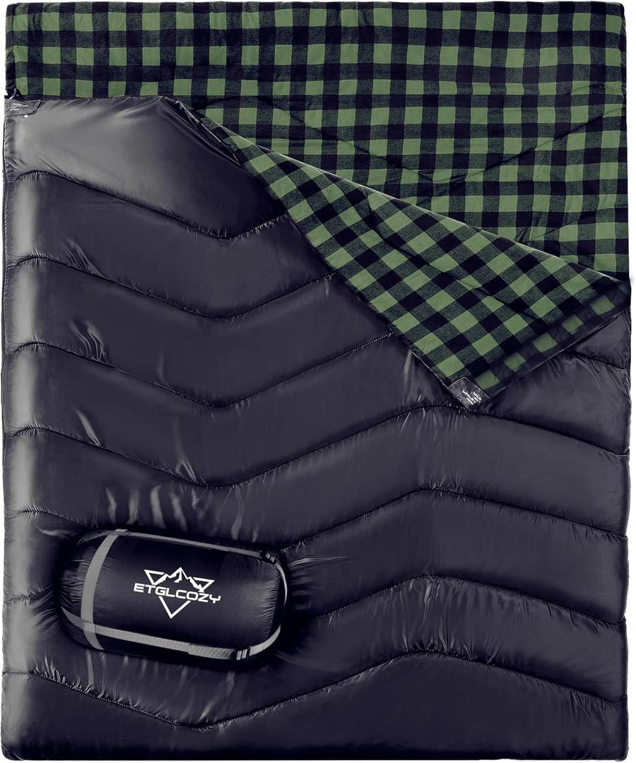 2 Person Double Sleeping Bag for Adults-XL Queen Size Lightweight Compact Thermolock Draft Tube Flannel Liner Machine Washable All Season Camping Traveling Guests & More (Black/Green)
