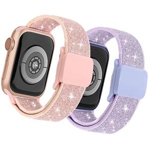 sylacor Stretchy Bands Compatible with Kids Apple Watch Band 38mm 40mm 41mm 42mm 44mm 45mm 46mm 49mm, Soft Elastic Glitter Strap for iWatch Series 10 9 8 7 6 5 4 3 SE SE2 Girls Boys (Pink+Purple, 38/40/41/42mm(Series 10))