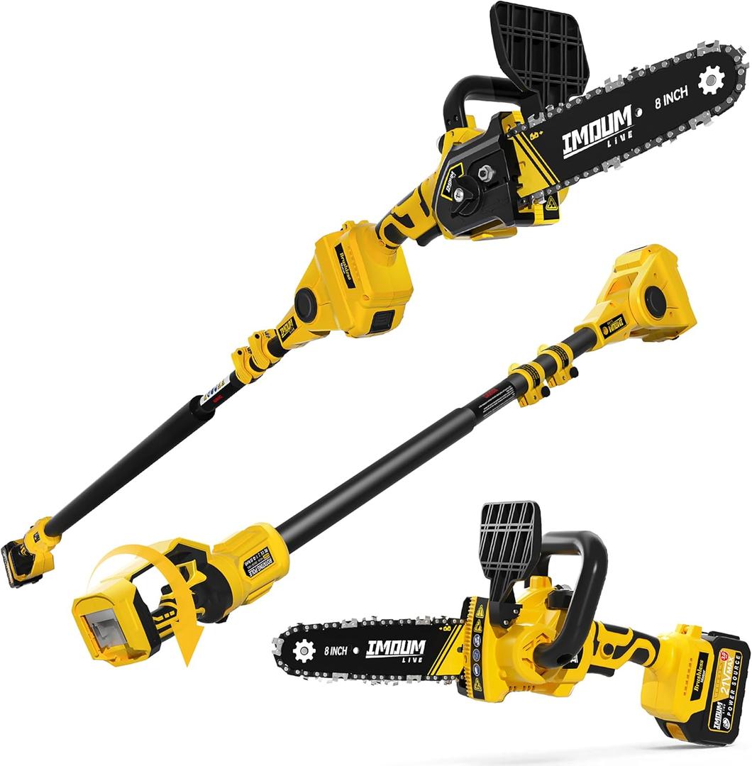 IMOUMLIVE 2-IN-1 Cordless Pole Saw & Chainsaw, 8 Inch Cutting Brushless Electric Pole Saw with 3.0Ah Battery, Oiling System, 8.3 LB Lightweight, 16.6-Foot Max Reach Pole Saw for Tree Trimming