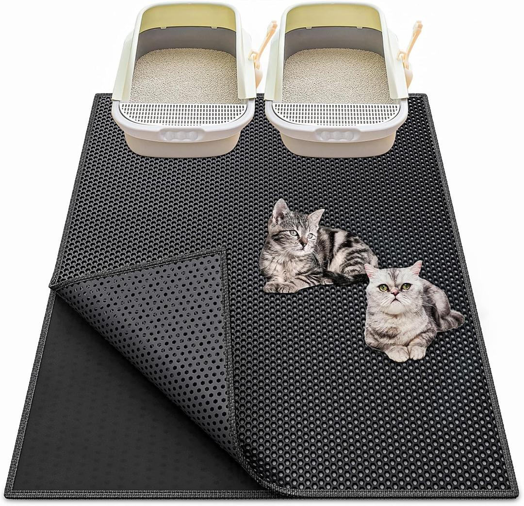 Waretary Cat Litter Box Mat: 36"x 30" Waterproof Kitty Cat Litter Trapping Mat, Easy-clean Double-layer Scatter Control Pad Rug (Black)