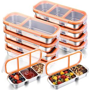 8 Pcs Stainless Steel Snack Containers with Leak Proof Lids, 2/3 Compartments Metal Bento Lunch Box, Reusable Divided Food Storage Container for Adults Home Travel Work
