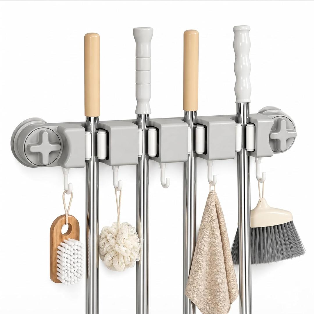 Mop and Broom Holder Wall Mount, No Drill Suction Cup Broom Organizer with 4 Slots & 5 Hooks, Removable Cleaning Tool Holder for Bathroom, Laundry Room, RV Camper