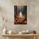 Vintage Halloween Wall Art Ghost in the woods with pumpkins Poster haunting ghost Canvas print dark academia gothic oil painting for Halloween Party House Room Decor 8x12inch Framed