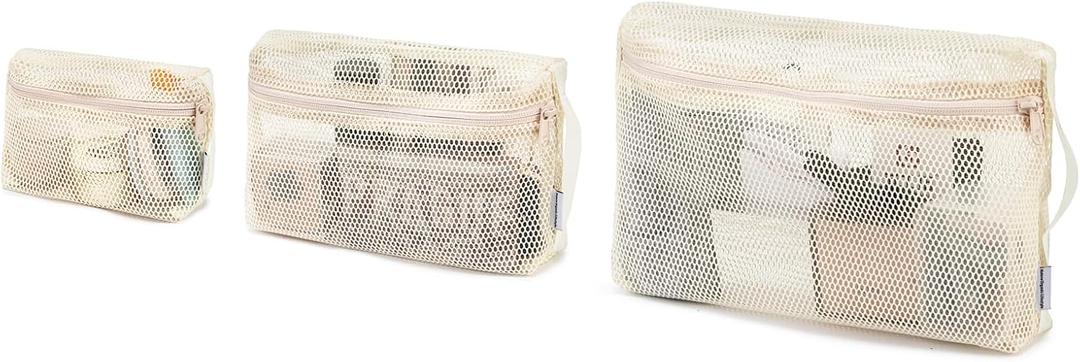 NOL Natural Organic Lifestyle 3-Pack Mesh Travel Toiletry Bags - Clear Zipper Travel Organizer, Airport Carry-On Compliant Reusable Cosmetic Makeup Bag for Women & Men (Cream)