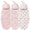 Janmercy 2 Pack Newborn Swaddle Blankets with Matching Hats Soft 100% Cotton Baby Sacks 0-3 Months for Girls Breathable Pink Floral Striped & Bow Print Swaddling Wraps Infant Essentials, S