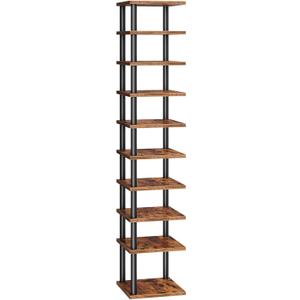 HOOBRO Vertical Shoe Rack, 10-Tier Narrow Shoe Shelf, Shoe Storage Organizer for Small Space, 11" L x 11" W x 68" H, Closet, Entryway, Hallway, Bedroom, Rustic Brown and Black BF32XJ01