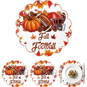 Fall Football Placemats Set of 4 Scalloped Fall Cotton Linen Placemats 13.5 Inch Autumn Football Maple Leaf Placemats Thanksgiving Table Mats for Harvest Party Home Kitchen Dining Table Decorations