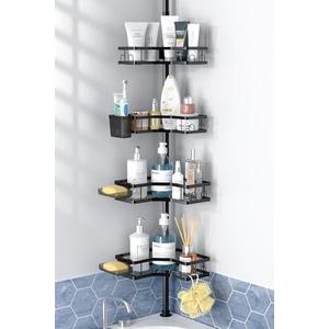 Aitatty Corner Shower Caddy Tension Pole: 4tier Adjustable Rustproof Bathroom Organizer Shelves - Bathtub Shampoo Rack 43.5-120 inch, Black