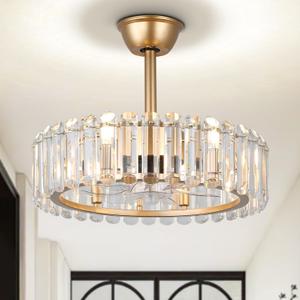 Finktonglan Crystal Chandelier Ceiling Fans, 20 inch Flush Mount Fandelier Ceiling Fan with Light Caged Chandelier Fan Adjustable Height for Dining Room Living Room Kitchen, Gold