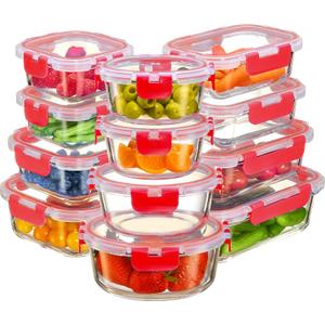 FineDine 24 Piece Glass Storage Containers with Lids - Leak Proof, Dishwasher Safe Glass Food Storage Containers for Meal Prep or Leftovers, Red