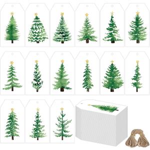 240 Pcs Watercolor Christmas Tree Gift Tag Christmas Paper Gift Tags with String and Holes Hanging Labels for DIY Xmas Winter Party Favor Decor, 15 Designs