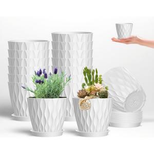 zople 16 Pack 4 Inch Plastic Planter Pots with Tray, Heavy Duty Indoor Outdoor Planter Pots with 48 Drainage Holes for Herbs, Succulents, Seedlings, Flowers Durable and Lightweight White