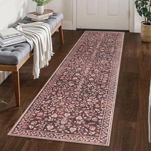 Vintage Washable 2x8 Runner Rug Non Slip, Burgundy Hallway Runner Rug, Super Soft Kitchen Runner Rug, Printed Faux Wool Thin Carpet Runner for Entryway Indoor Laundry Room Bedroom