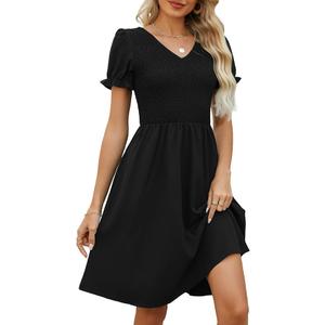 EeYu Women's Smocked A-line Dress 2026 Casual Summer Vacation V-Neck Short Sleeves Knee Length Dress (Large-Black)