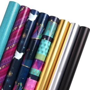 LaRibbons Christmas Wrapping Paper Rolls with Cutlines, 30Inch × 10Feet, 8 Rolls: 200 sq.ft.ttl, World Peace Motif and Matte Gold Silver Black Gift Wrapping Paper Bundle for Christmas, Holiday, Party