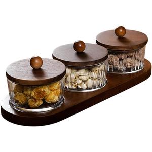Round Glass Snackle Box Container Snack Organizer and Fruit Platter with Acacia Wood Lids and Tray Divided Serving Tray for Nuts Candy Dry Fruits (3 Jars)