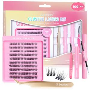 Beetles Lash Clusters Kit Dramatic Fluffy Lash Extension Kit 100 Pcs CC Curl 9-16mm False Eyelash Extension Set with 2-in-1 Bond and Seal Remover Brush Tweezers Eyelash Clusters Tempt KVT082