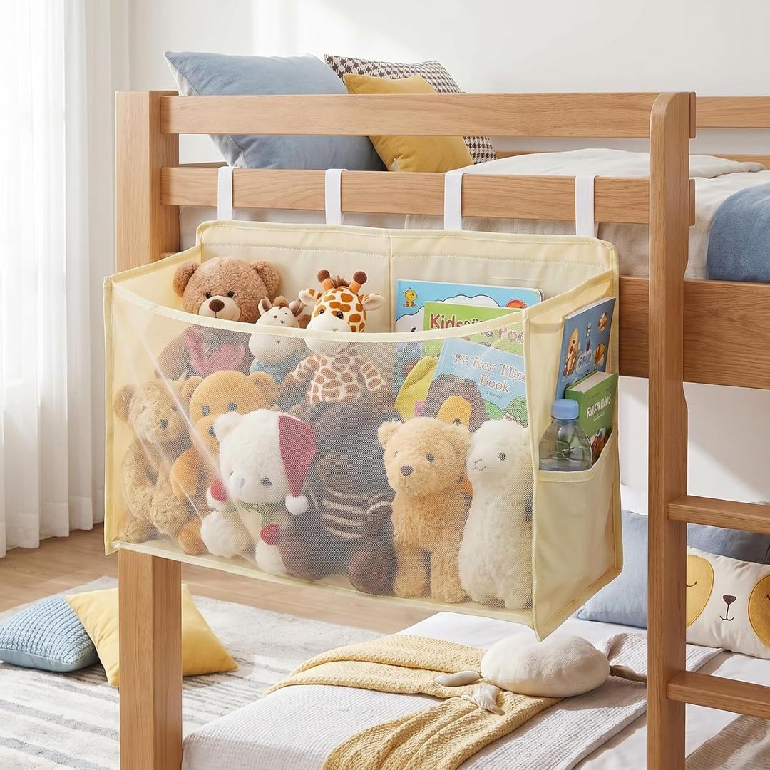 Beeveer Stuffed Animal Organizer for Bedside, Large Capacity Plush Toy Storage with Mesh Front, 2 Side Pockets & Reinforced Support, Hanging Toy Organizer Saves Floor Space for Kids Bedroom, Beige