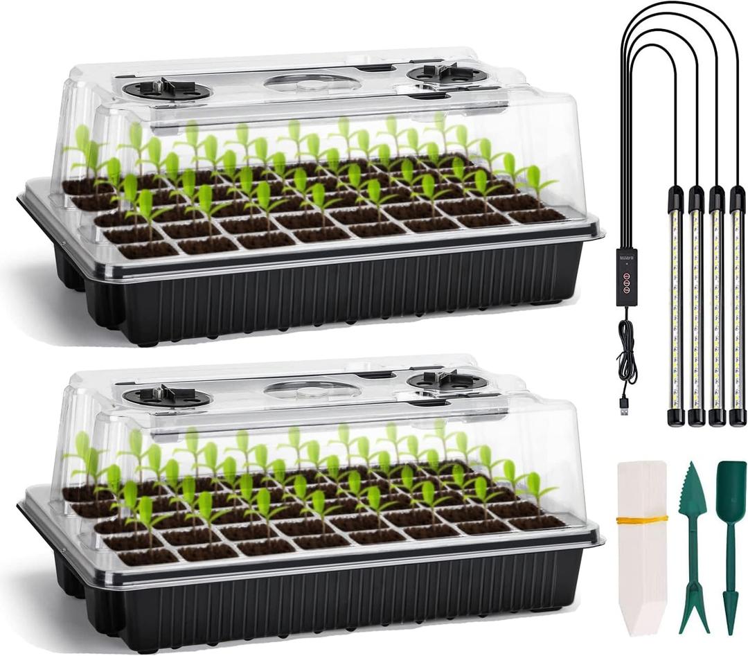 Seed Starter Tray Kit with Grow Lights, 2 Pack 80 Cells Seed Trays with Humidity Dome, Mini Greenhouse for Seeds Growing Starting Sprouting Germination