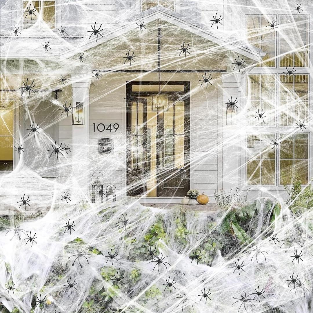 1200 sqft Halloween Spider Webs and 50pcs Fake Spiders Super Stretch Cobwebs Party Decorate for Halloween Theme Indoor and Outdoor Decoration