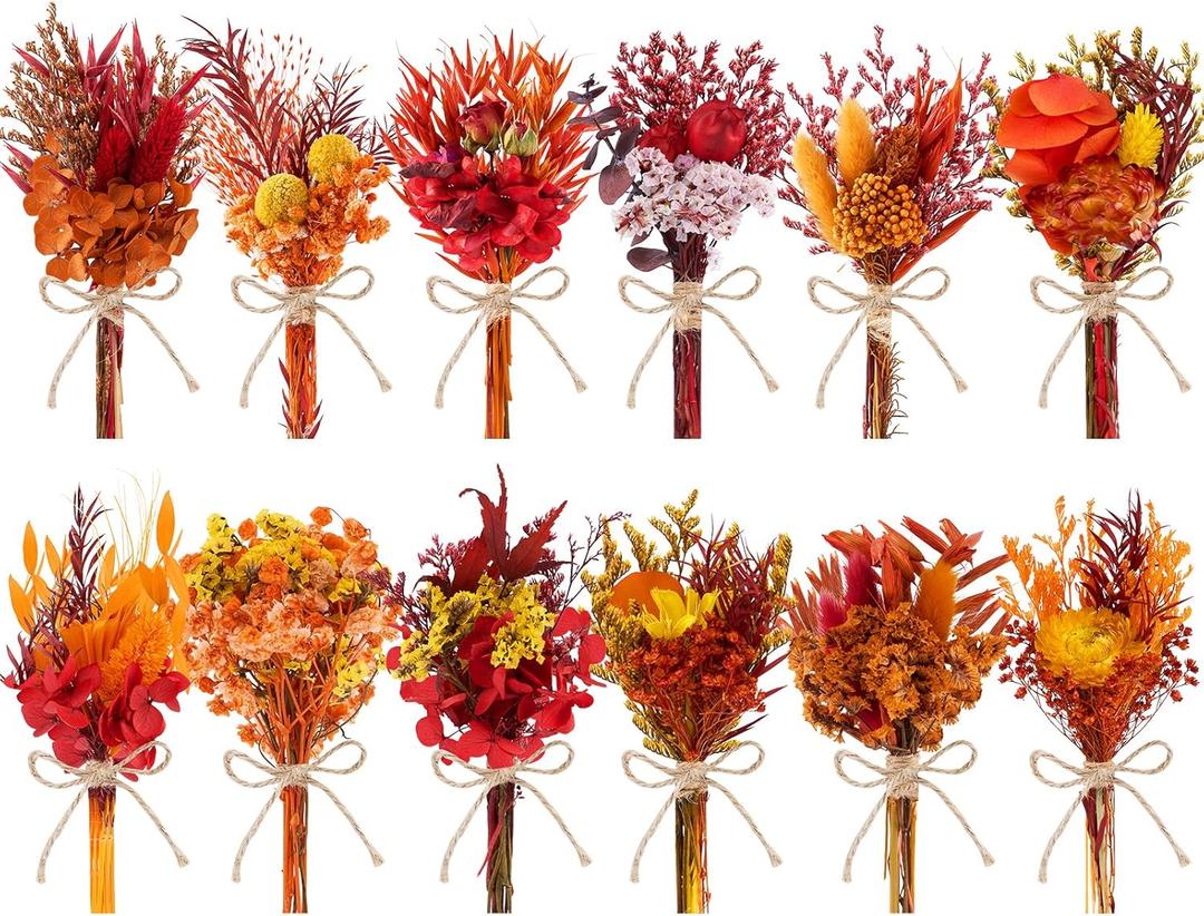 12PCS Fall Dried Flowers Bouquet for Vase Various Dried Wildflowers with Stems Mini Handmade Wildflowers Natural Real Flowers Bulk Flowers for Crafts DIY Wedding Decor (Fall,Burnt Orange Se