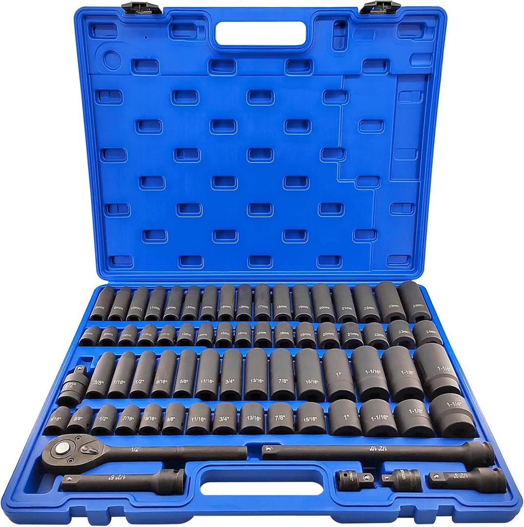 70-Piece Impact Socket Set, 1/2 Inch Drive, SAE 5/16-1-1/4 Inch, Metric 8-24mm, Standard/Deep Sockets with Extension Bars, Adapters, 72 Teeth Ratchet Handle