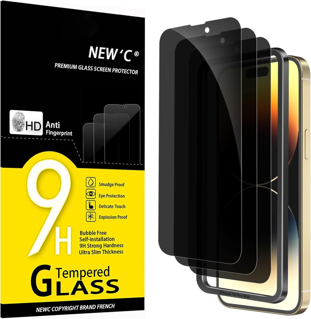 NEW'C 3 Pack Privacy for iPhone 14 Pro Max Screen Protector (6.7 inches), Anti-Spy Tempered Glass Film,Case Friendly Ultra Resistant, Balanced 28-Degree Privacy Angle-Easy installation tool included
