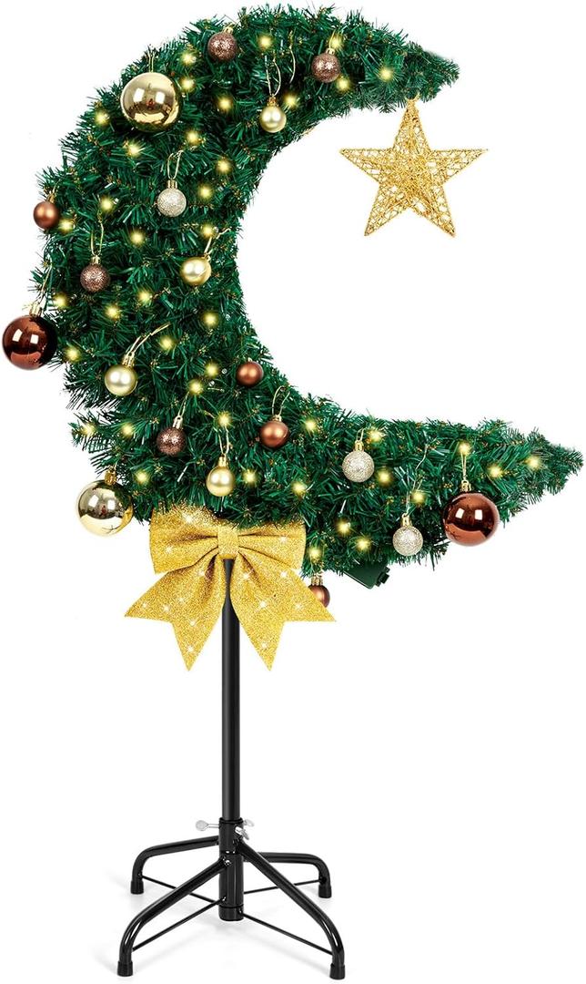 3FT LED Lighted Eid Ramadan Moon Tree with Star String, Artificial Muslim Islamic Crescent Moon Tree with Hanging Ornaments, Floor Standing Decor for Eid Mubarak Home Garden Party