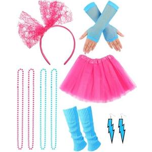 Tatuo 80s Fancy Women Tutu Skirt Accessories Costume Party Outfit Leg Warmers Headband Gloves Earrings Necklace