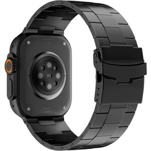 Titanium Watch Band Compatible with Apple Watch Band 49mm 46mm 45mm 44mm 42mm for iWatch Ultra2 Ultra Series 10 9 8 7 6 5 4 3 2 1 SE, Adjustable Metal Replacement Strap with Folding Buckle (Black)