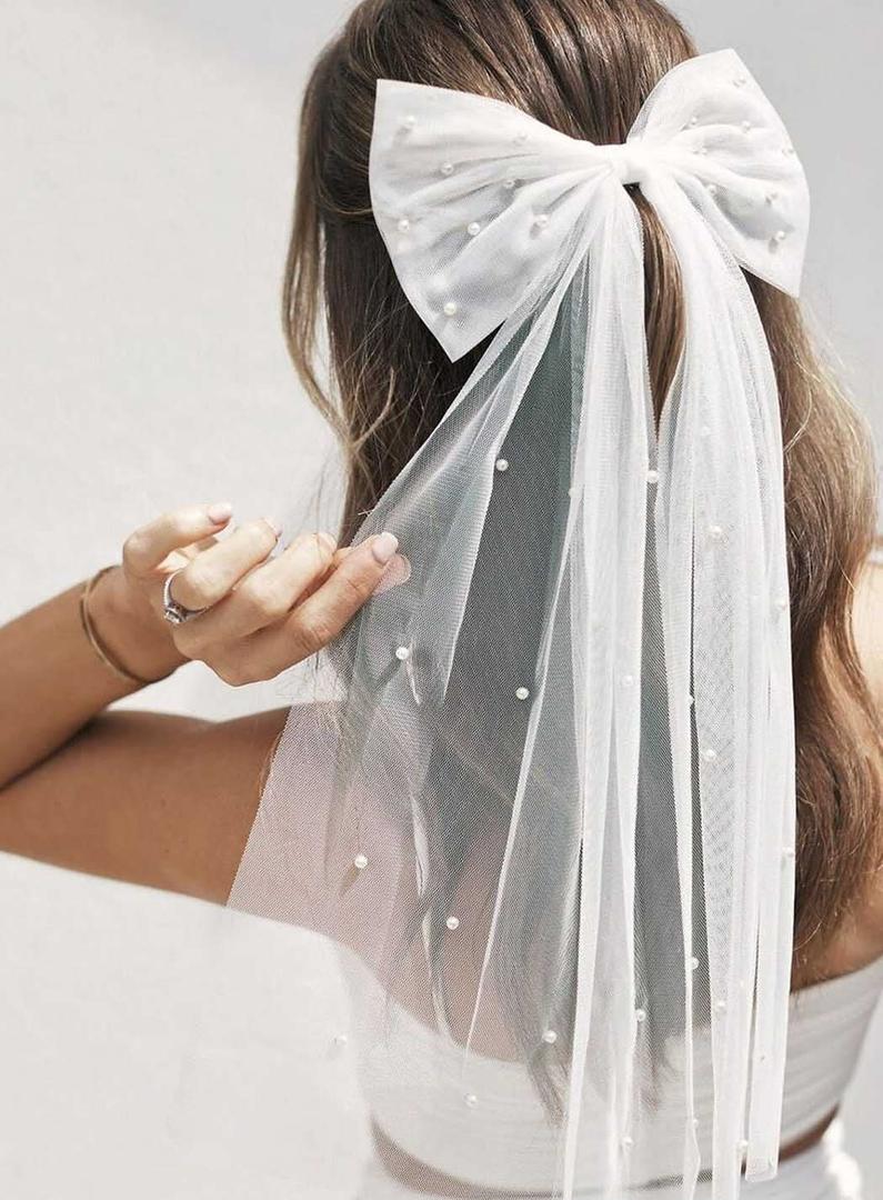 JEAIRTS Bridal Hair Bow Veil Pearl Wedding Hair Piece White Tulle Bow With Clip Bachelorette Party Hair Accessories For Women (Style 2)