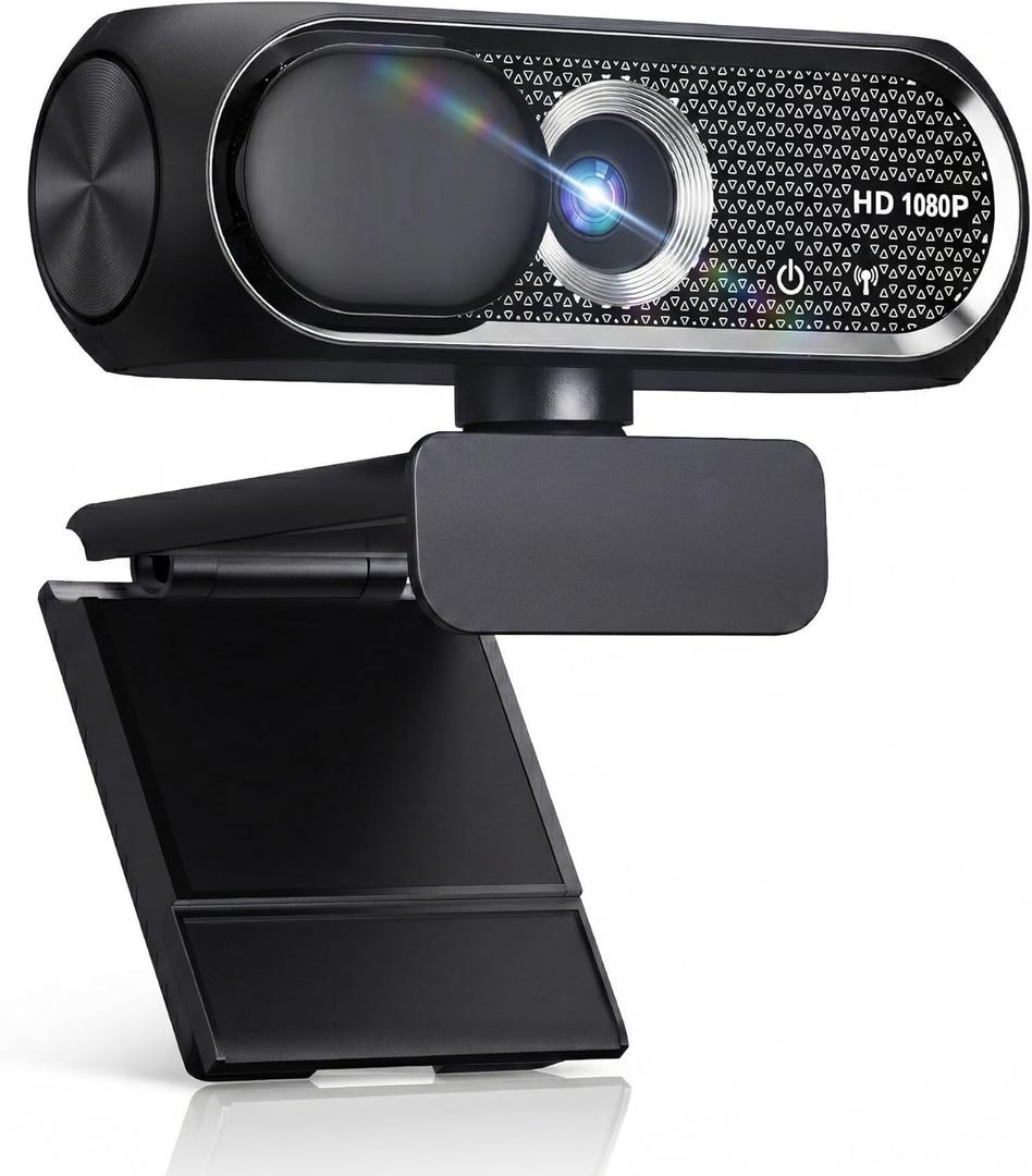 1080P HD Webcam with Microphone, Noise Cancellation, Privacy Cover, Wide-Angle Lens, Auto Light Correction, Plug & Play USB Webcam for Laptop, Desktop, PC, Mac, Zoom, Skype, Streaming (Black)