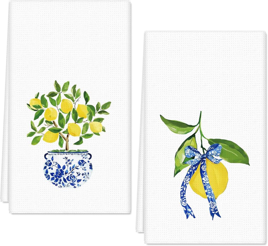 FYSUIMU Lemon Kitchen Dish Towel 18 x 28 Inch Blue Yellow Lemon Dishcloth Spring Summer Decorative Hand Drying Tea Towel for Seasonal Cooking Baking Cleaning, 2 Pcs
