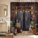 Western Cowboy Shower Curtain Farmhouse Barn Door Tropical Cactus Country Boots Lantern Guitar Retro Rustic Wooden Board Bathroom Decor Polyester Curtains with Hooks,70Wx70L