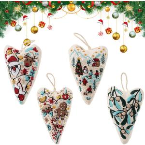 4Pcs Christmas Embroidery Kits, New DIY Heart Shaped Hand Embroidered Christmas Ornament Kit, Christma Cross Stitch Kits for Beginners, Fun Holiday Ornament Gift Set With Hoop,Thread & Needles
